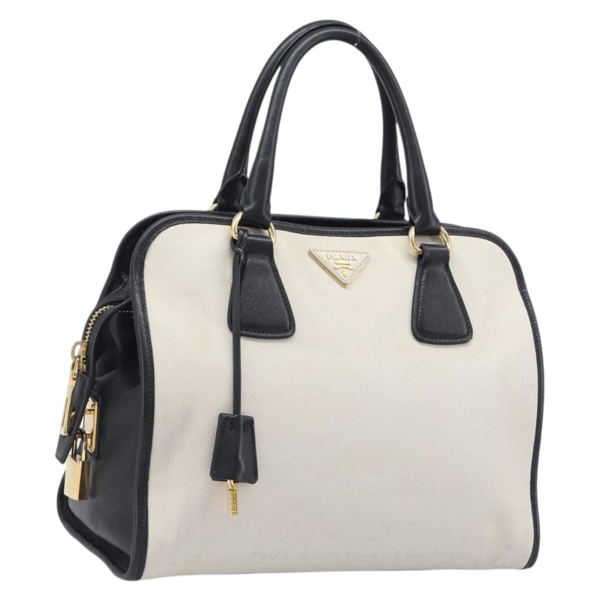 PRADA Hand Bag Safiano Leather White Gold Auth bs37455A