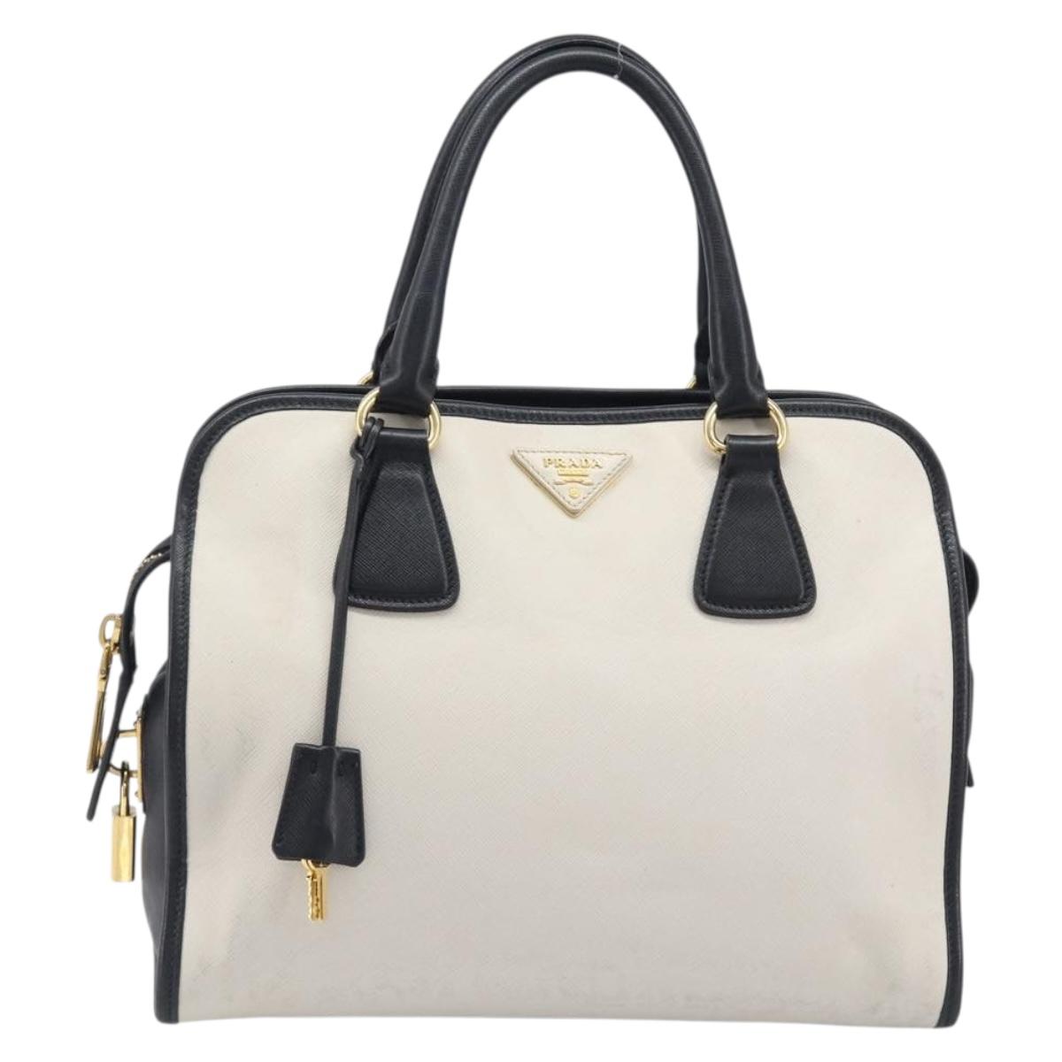 PRADA Hand Bag Safiano Leather White Gold Auth bs37455A