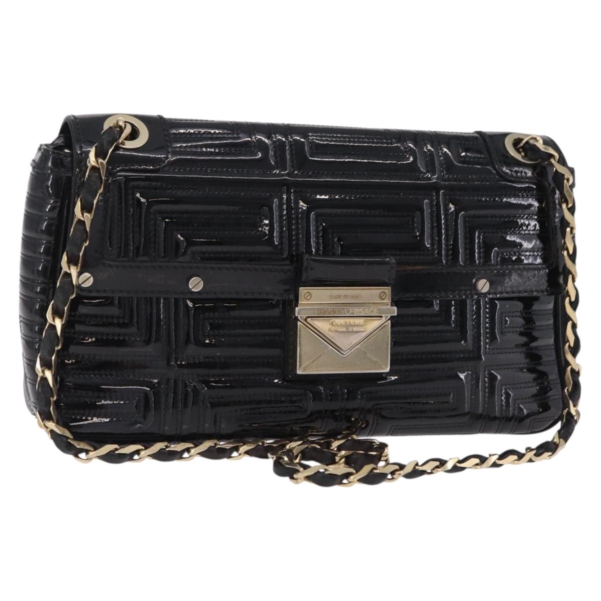 Gianni Versace Chain Shoulder Bag Patent Leather Black Gold Auth bs37461