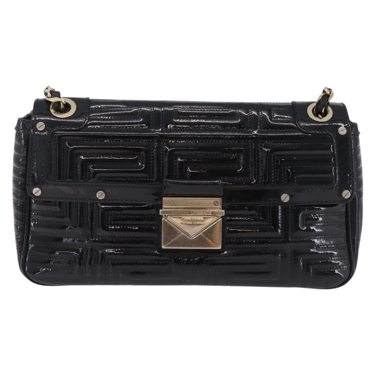 Gianni Versace Chain Shoulder Bag Patent Leather Black Gold Auth bs37461
