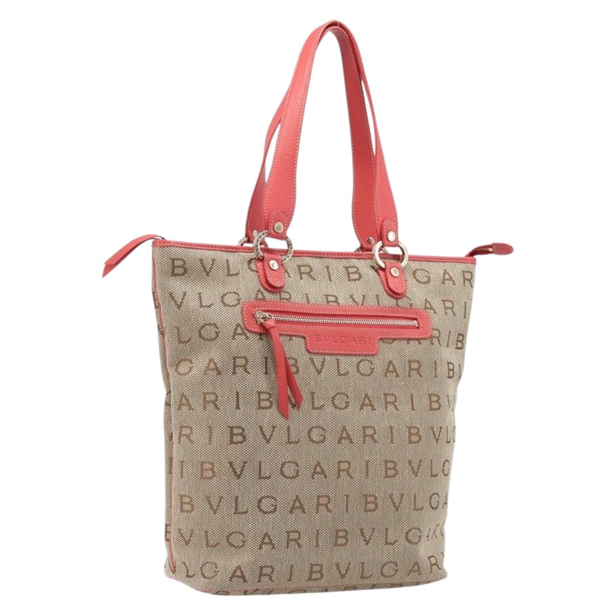 BVLGARI Tote Bag Canvas Beige Gold Auth bs37467A