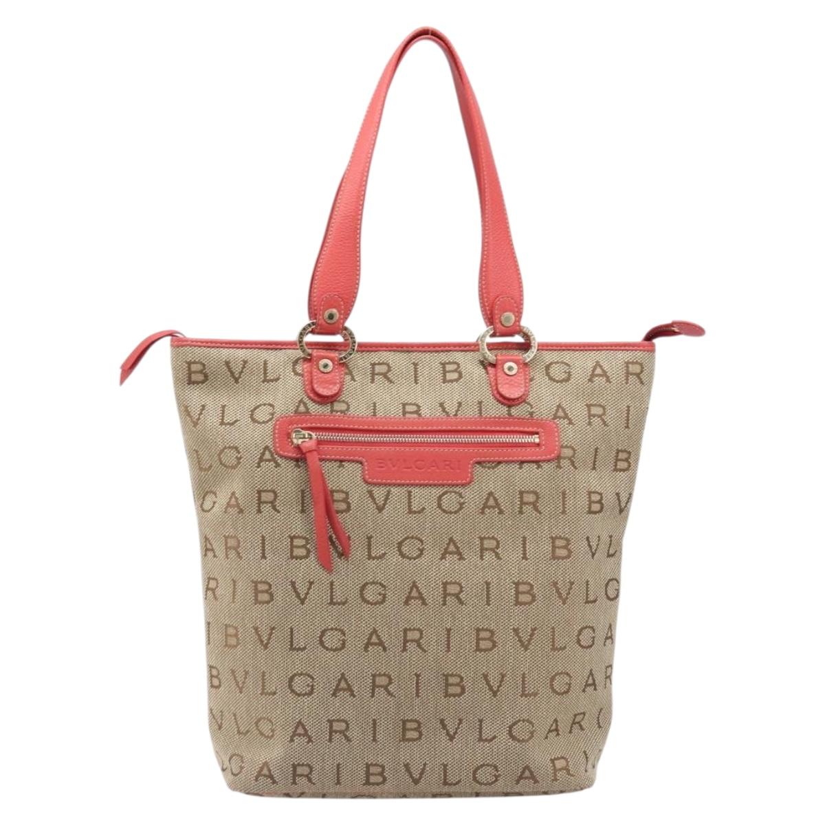 BVLGARI Tote Bag Canvas Beige Gold Auth bs37467A