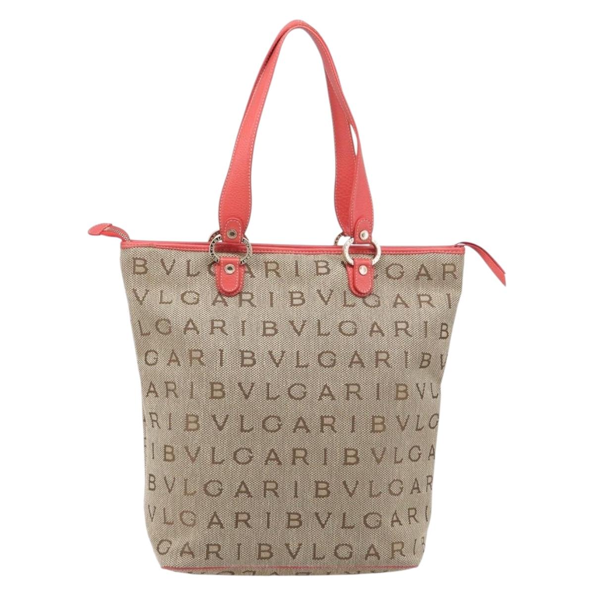 BVLGARI Tote Bag Canvas Beige Gold Auth bs37467A
