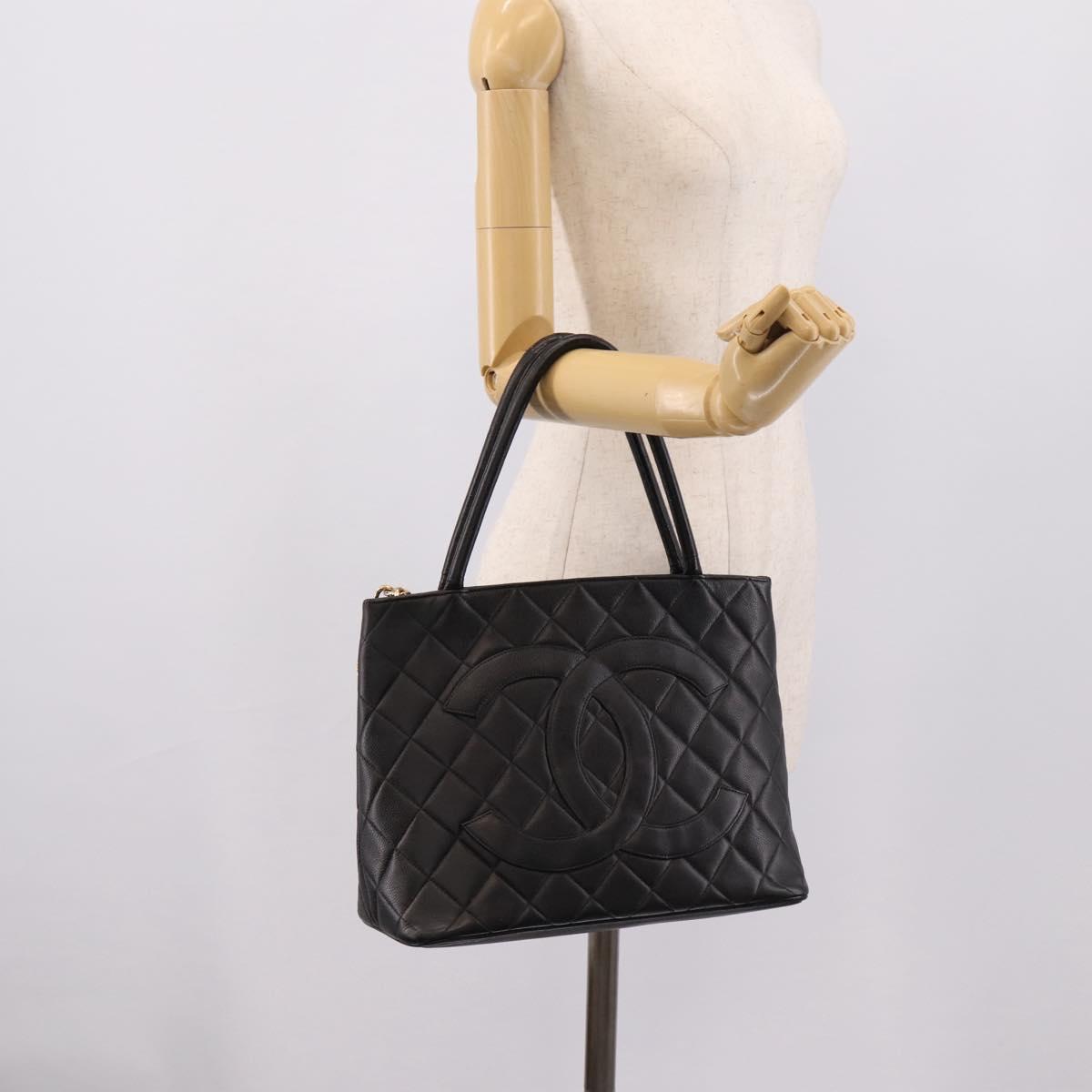 CHANEL Standard Tote Bag Caviar Skin Black Gold CC Auth bs37474
