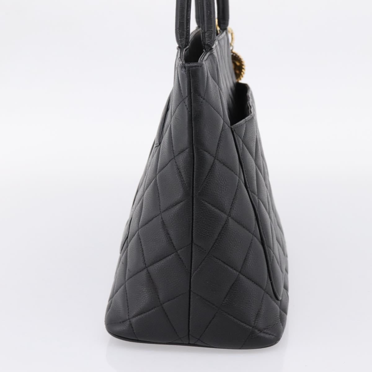CHANEL Standard Tote Bag Caviar Skin Black Gold CC Auth bs37474
