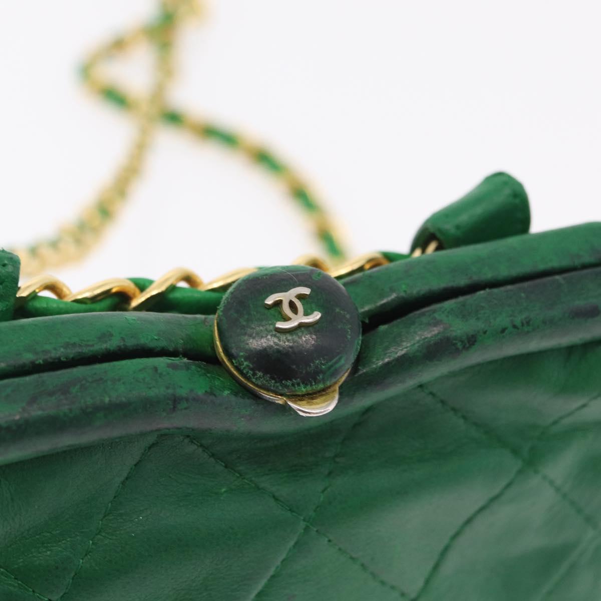 CHANEL Matelasse Chain Shoulder Bag Lamb Skin Green Gold CC Auth bs37476