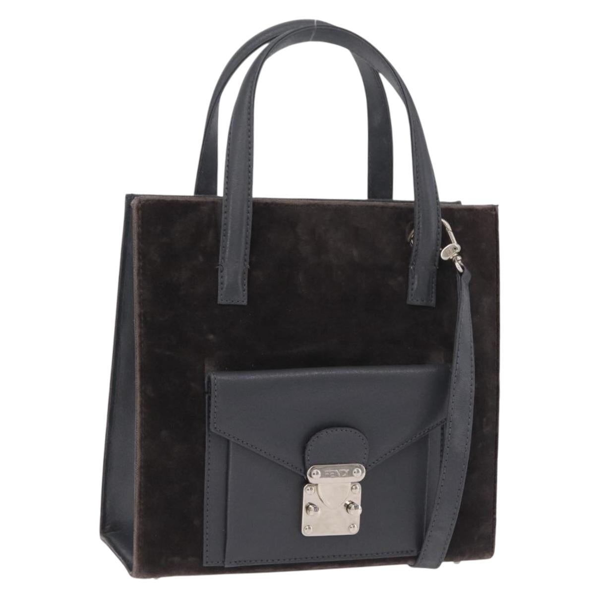 FENDI Hand Bag Velor 2way Navy Silver Auth bs37478