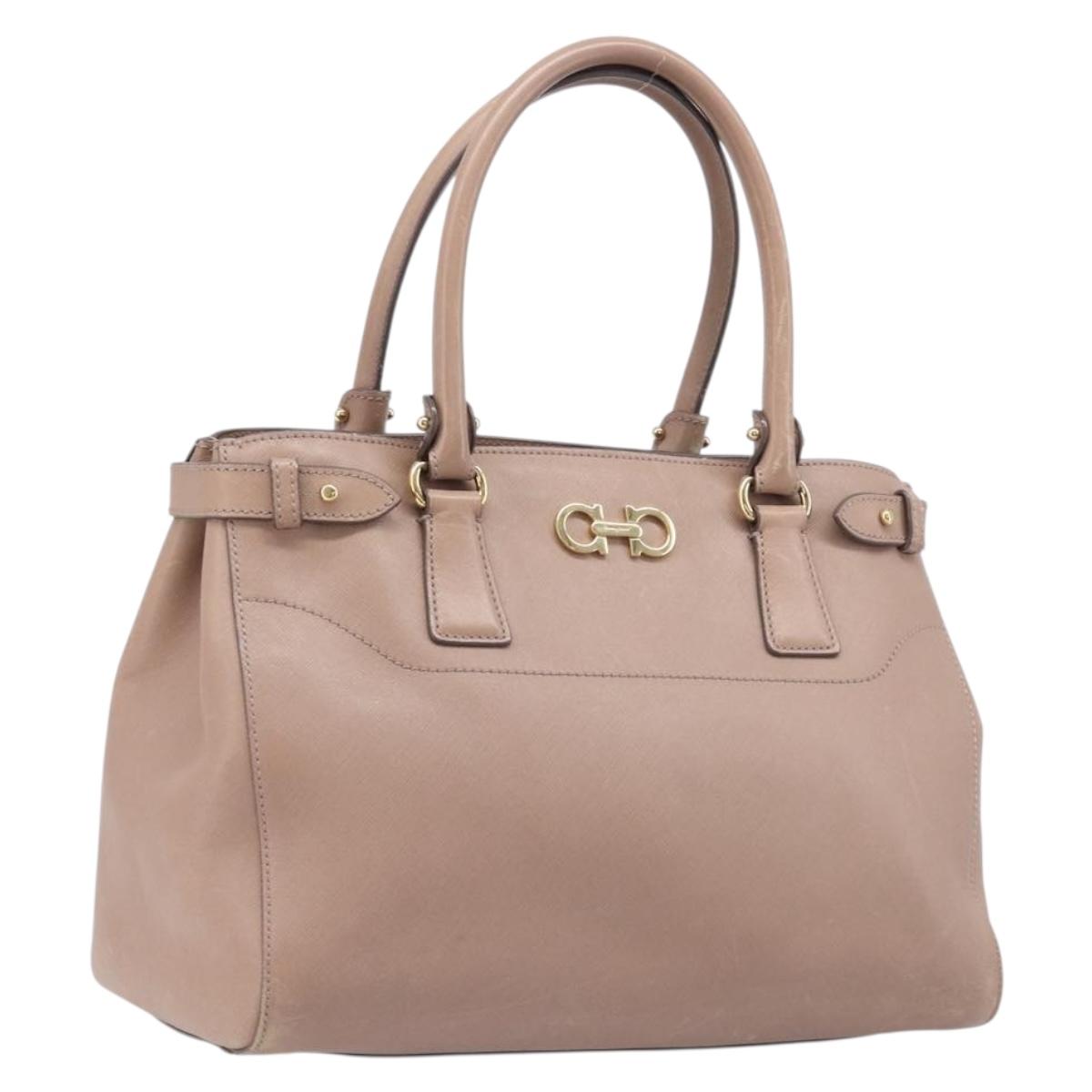 Salvatore Ferragamo Gancini Hand Bag Leather Beige Gold Auth bs37485