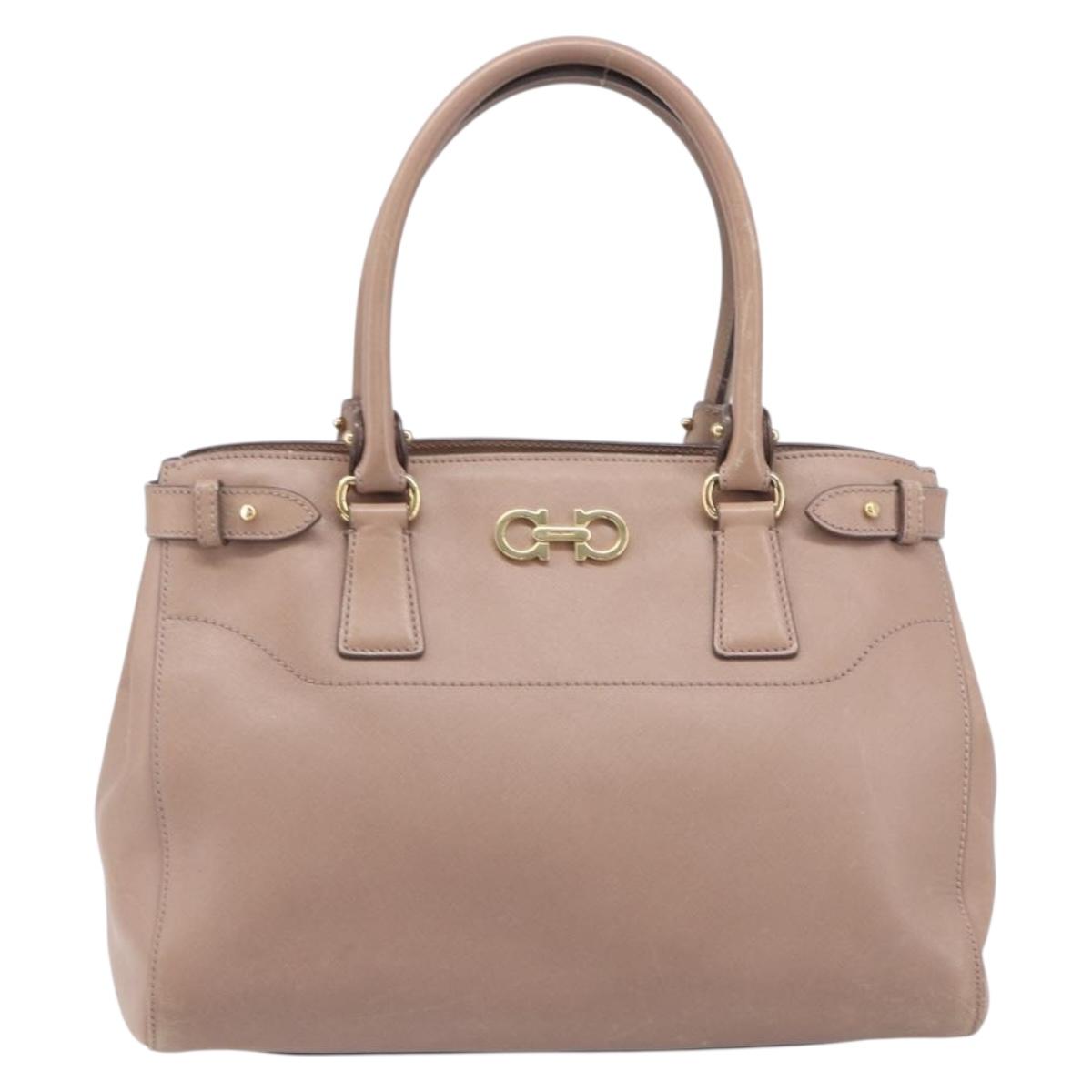 Salvatore Ferragamo Gancini Hand Bag Leather Beige Gold Auth bs37485