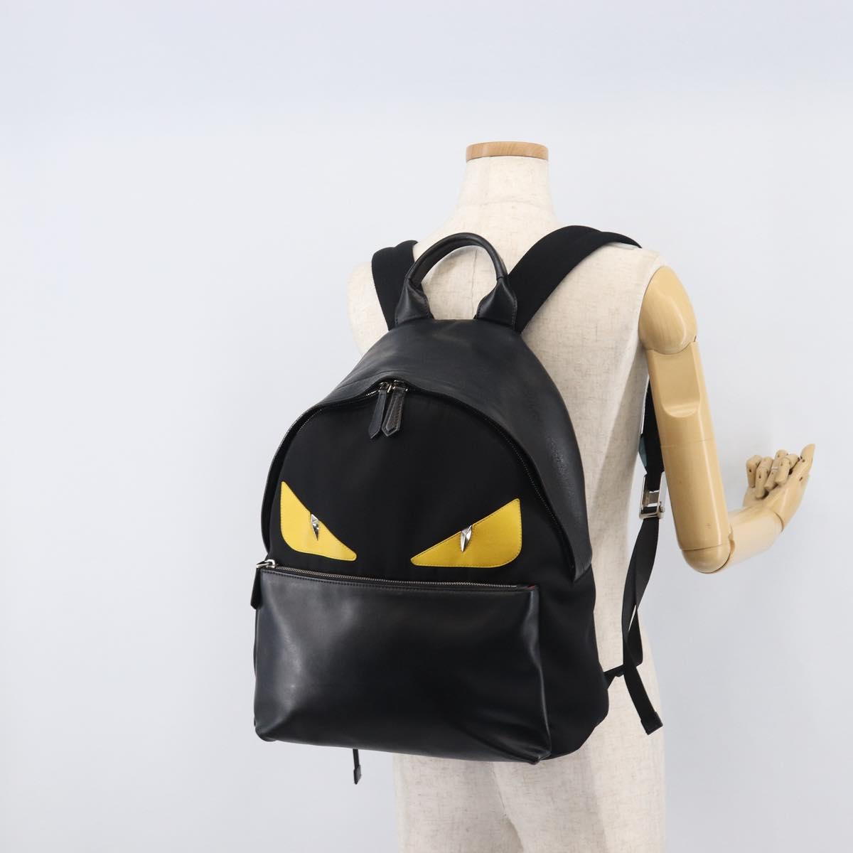 FENDI Monster Backpack Leather Nylon Black Silver Auth bs37498