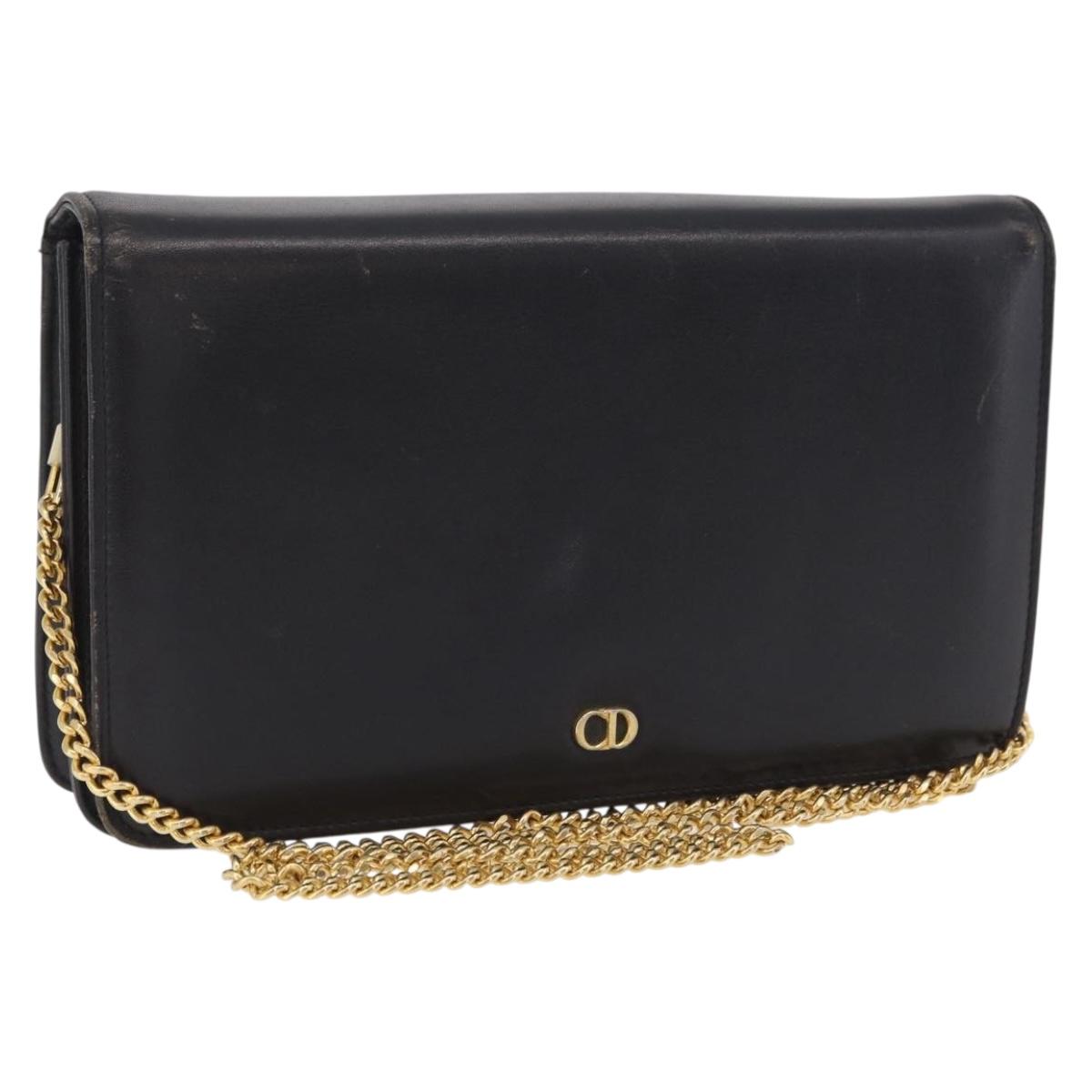 Christian Dior Chain Shoulder Bag Leather Black Gold Auth bs37500