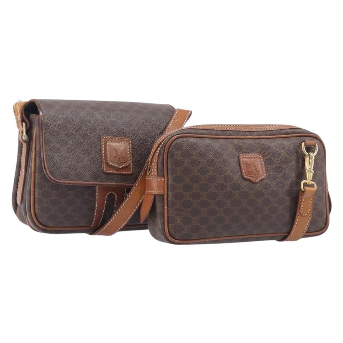 CELINE Macadam Canvas Shoulder Bag PVC Leather 2 Set Brown Auth bs37523
