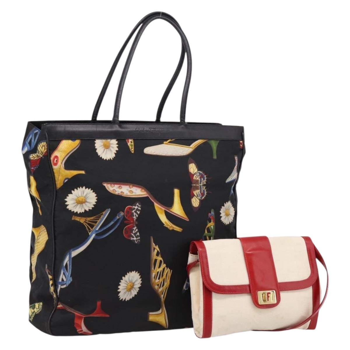 Salvatore Ferragamo Shoulder Bag Canvas 2 Set Black White Auth bs37524