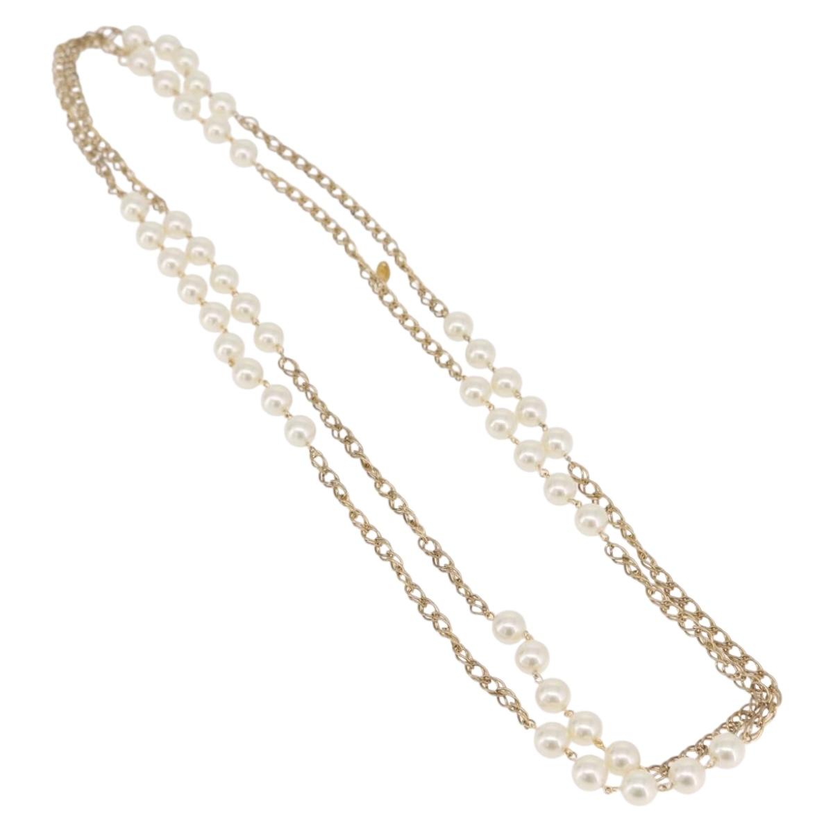 CHANEL Pearl Necklace Metal Gold Tone White CC Auth bs37529V