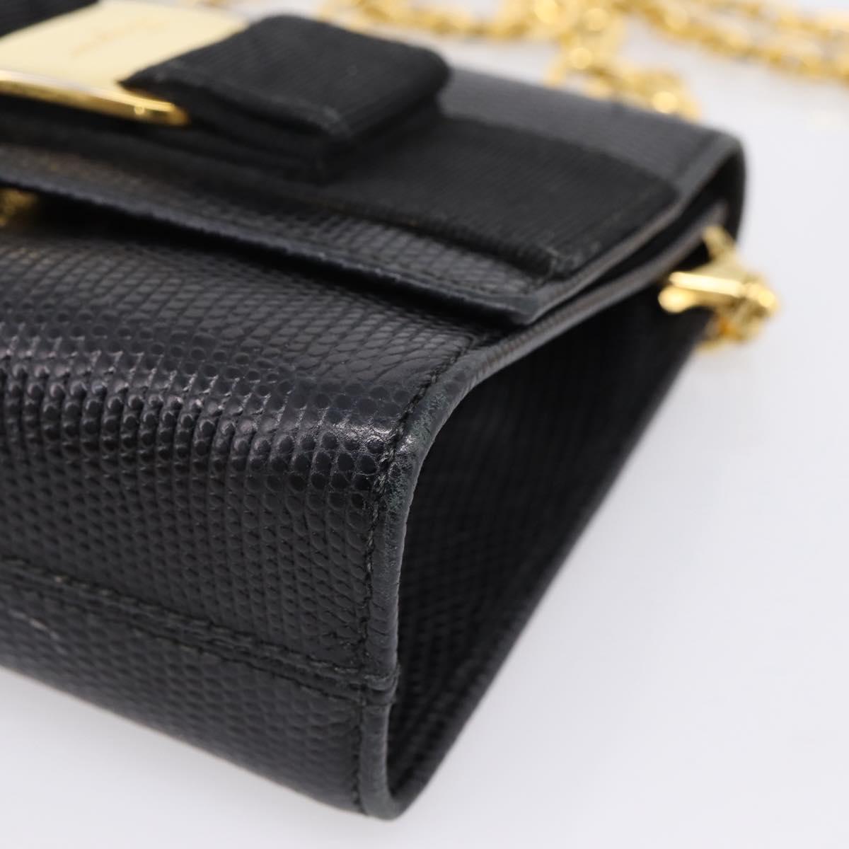 Salvatore Ferragamo Vala Chain Bag Leather Embossed Black Gold Auth bs37541