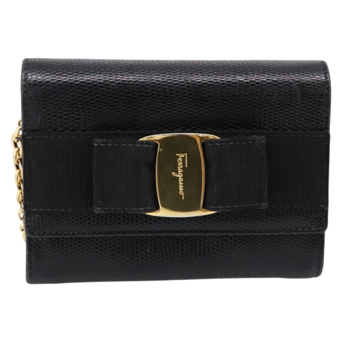 Salvatore Ferragamo Vala Chain Bag Leather Embossed Black Gold Auth bs37541