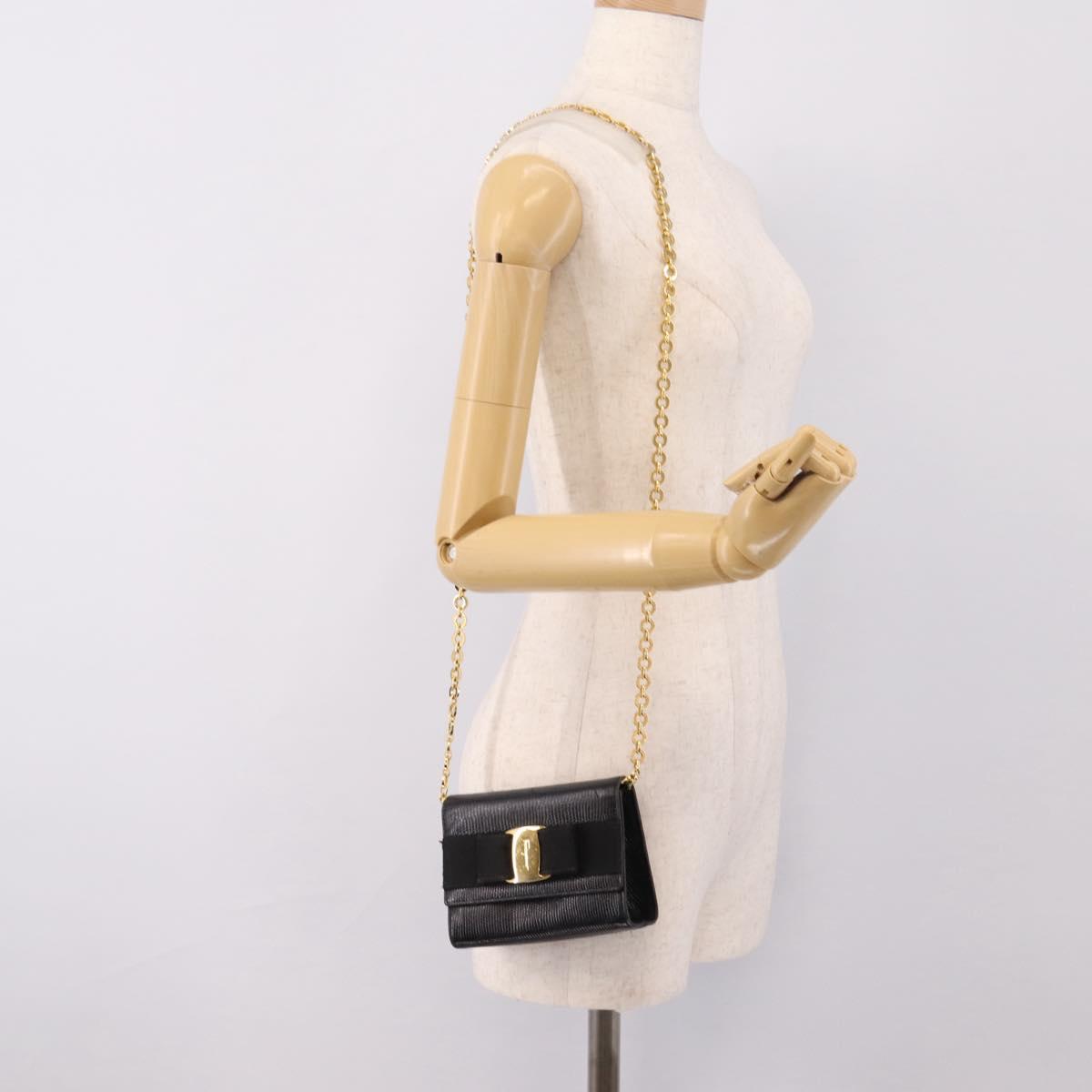 Salvatore Ferragamo Vala Chain Bag Leather Embossed Black Gold Auth bs37541