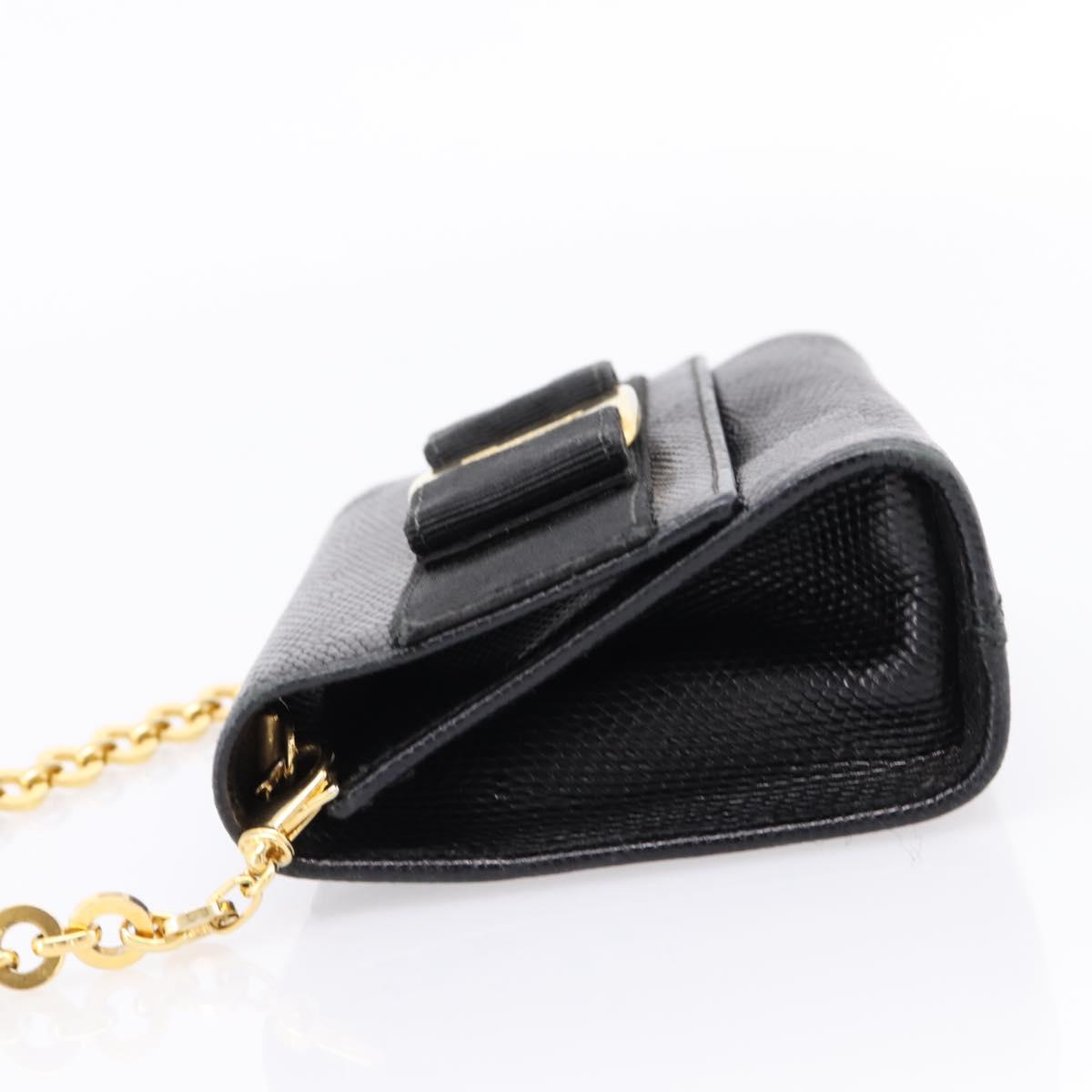 Salvatore Ferragamo Vala Chain Bag Leather Embossed Black Gold Auth bs37541