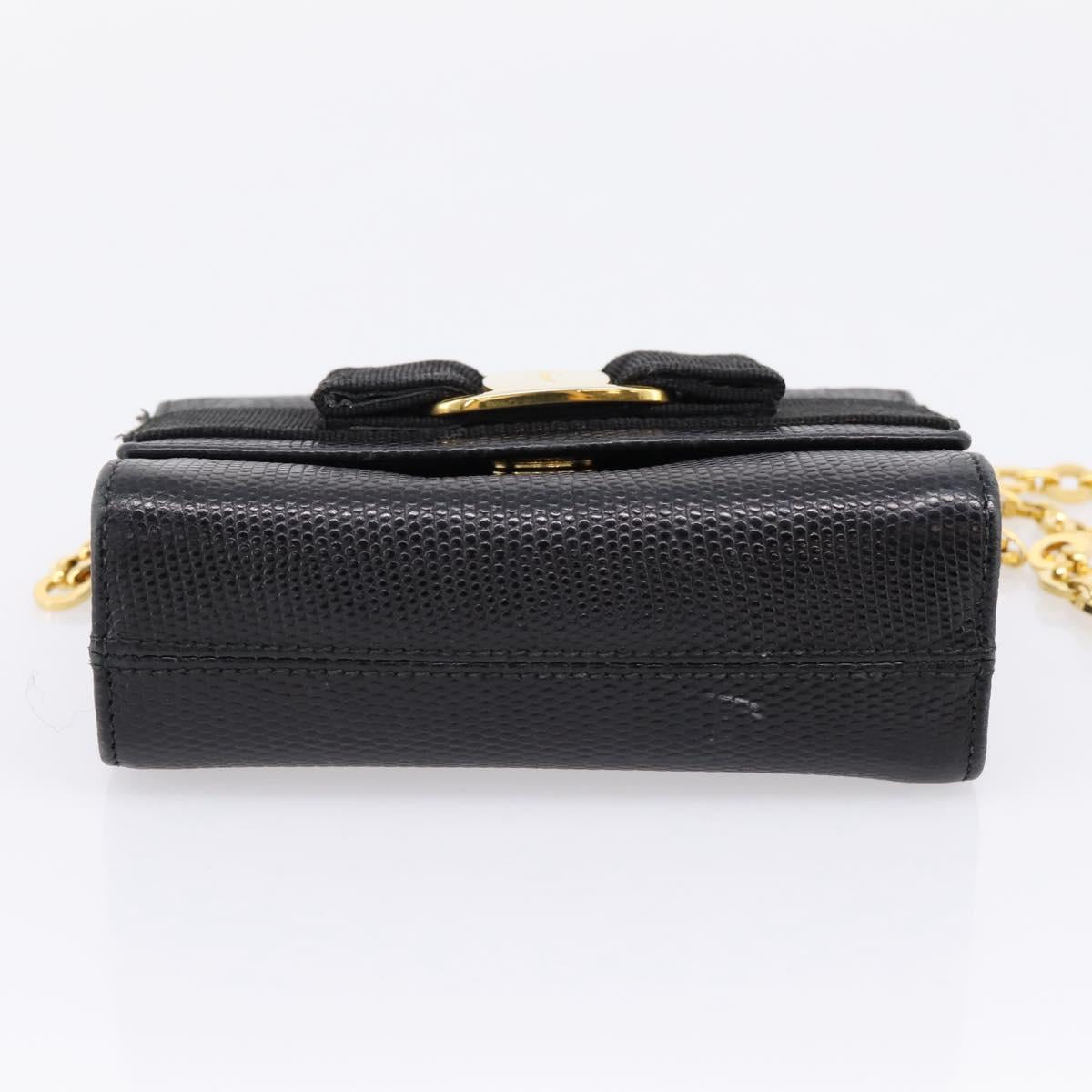 Salvatore Ferragamo Vala Chain Bag Leather Embossed Black Gold Auth bs37541