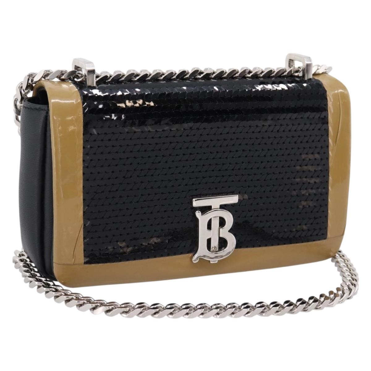 BURBERRY Chain Shoulder Bag Leather Sequins Black Silver Auth bs37543V