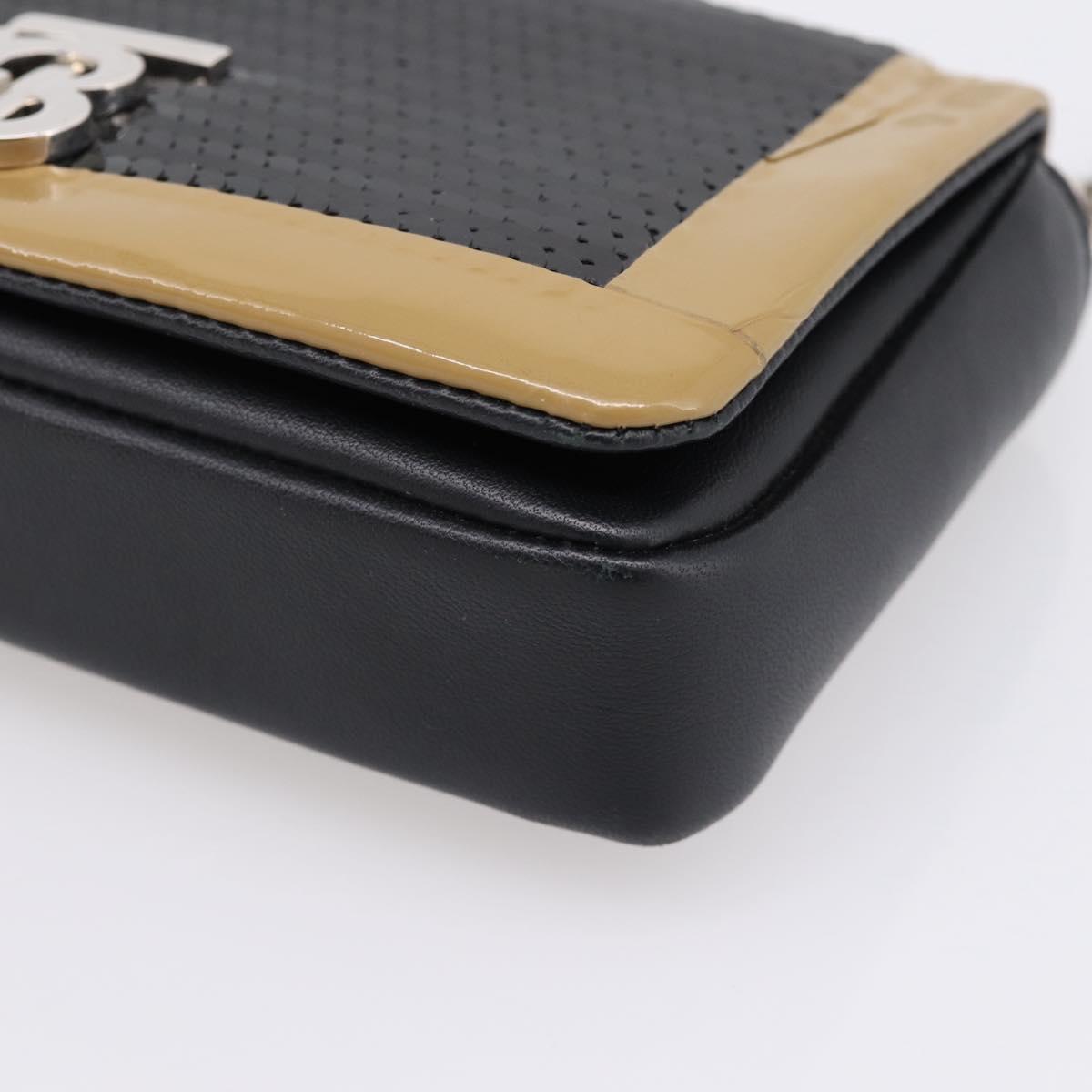 BURBERRY Chain Shoulder Bag Leather Sequins Black Silver Auth bs37543V