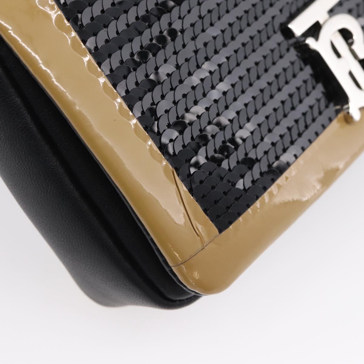 BURBERRY Chain Shoulder Bag Leather Sequins Black Silver Auth bs37543V