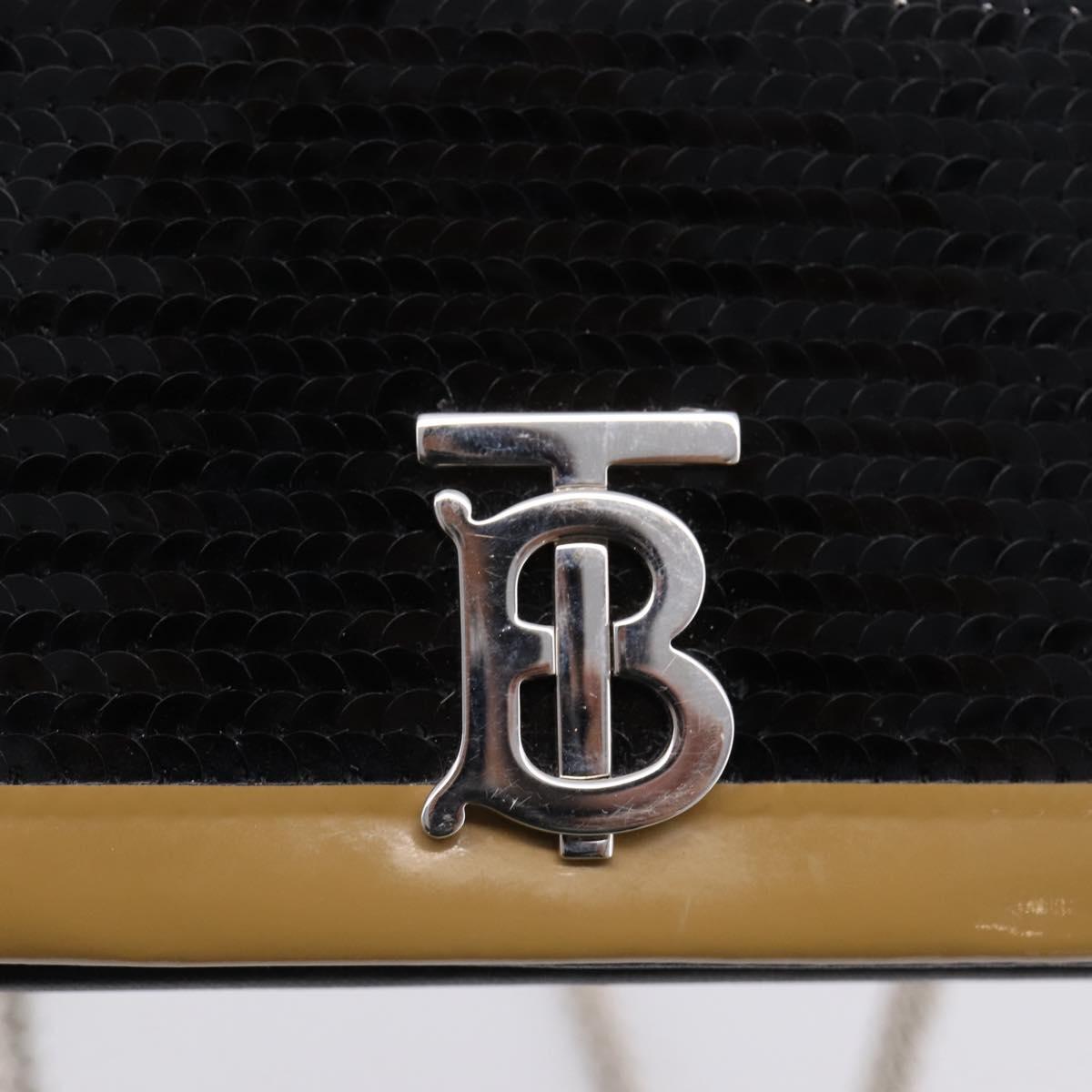 BURBERRY Chain Shoulder Bag Leather Sequins Black Silver Auth bs37543V