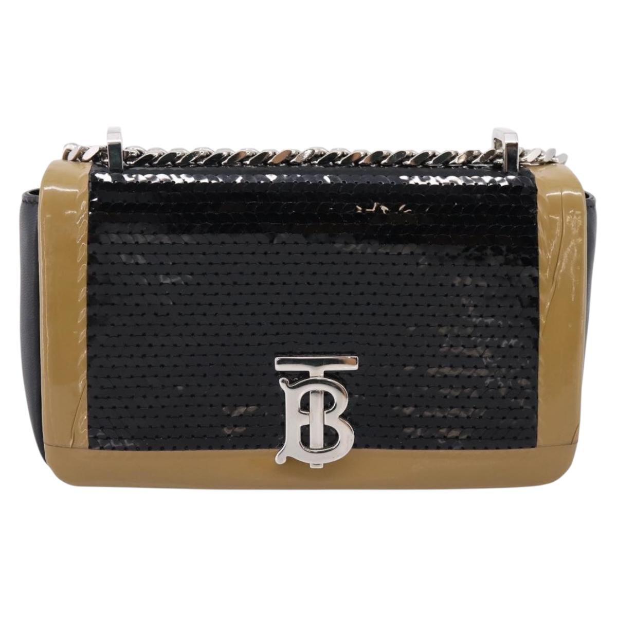 BURBERRY Chain Shoulder Bag Leather Sequins Black Silver Auth bs37543V