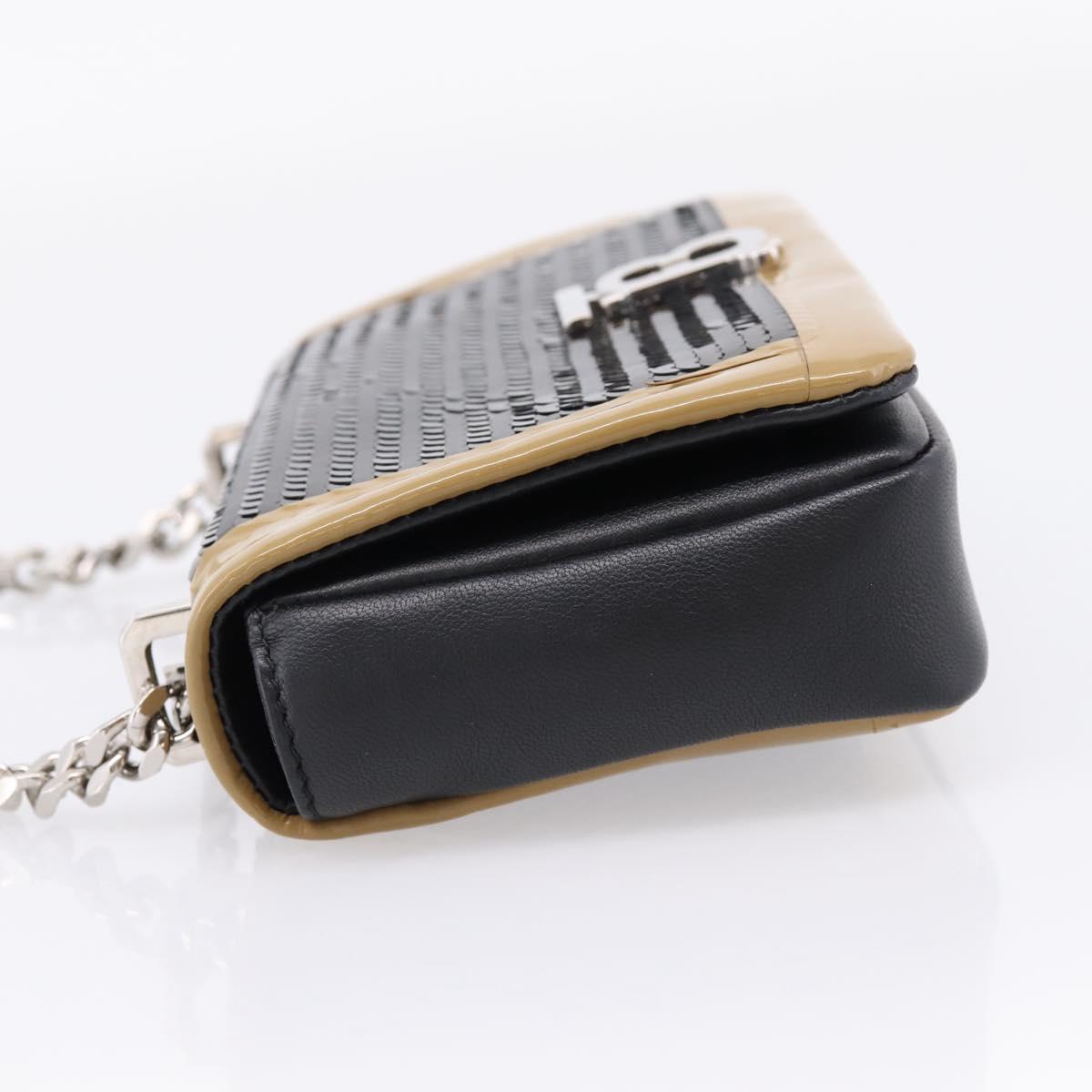 BURBERRY Chain Shoulder Bag Leather Sequins Black Silver Auth bs37543V