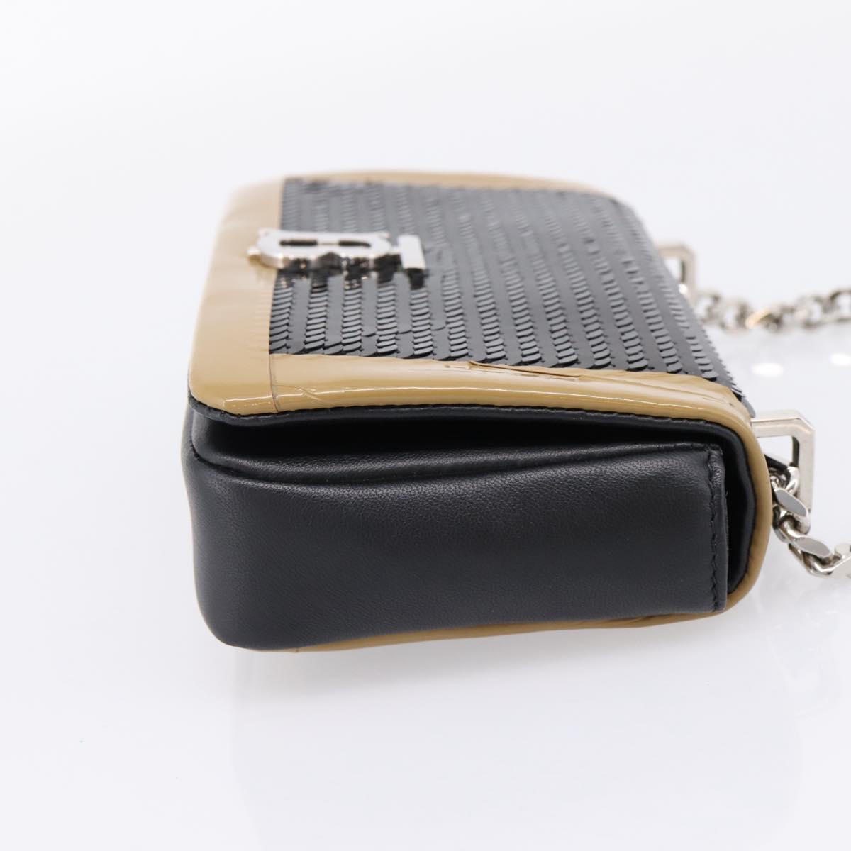 BURBERRY Chain Shoulder Bag Leather Sequins Black Silver Auth bs37543V