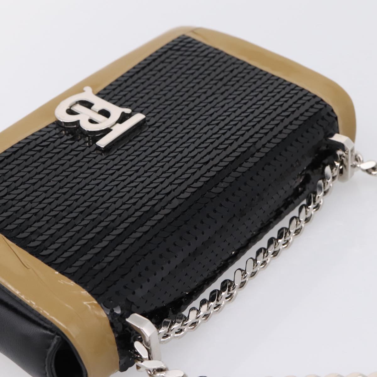 BURBERRY Chain Shoulder Bag Leather Sequins Black Silver Auth bs37543V