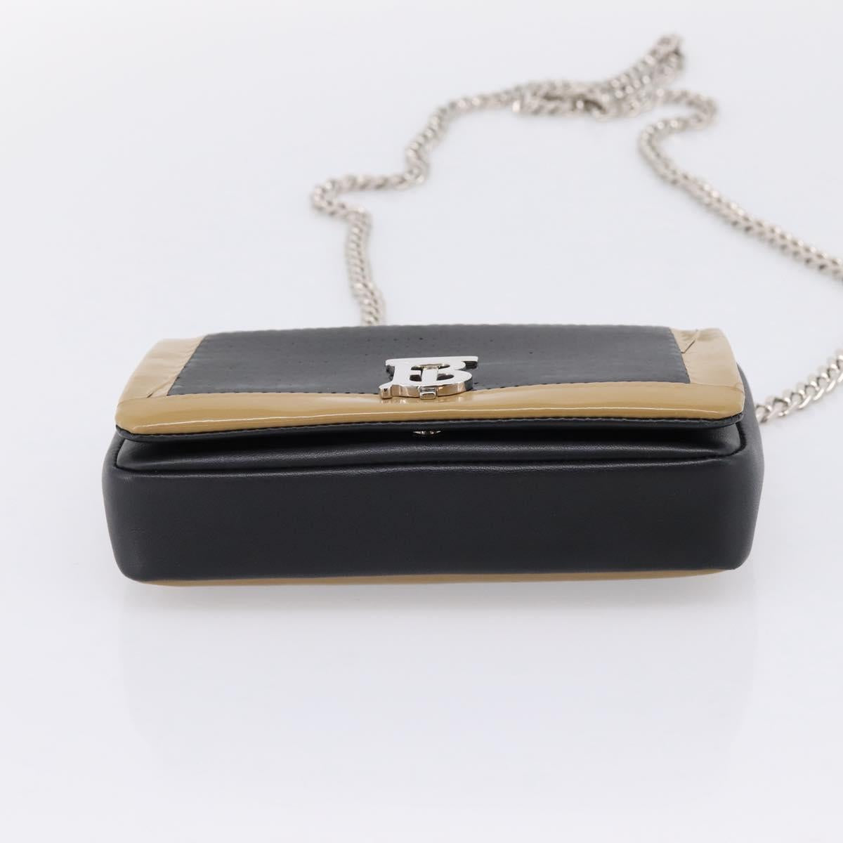 BURBERRY Chain Shoulder Bag Leather Sequins Black Silver Auth bs37543V