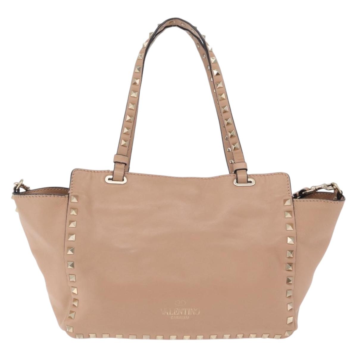 Valentino Rock Studs Hand Bag Leather 2way Beige Gold Auth bs37563