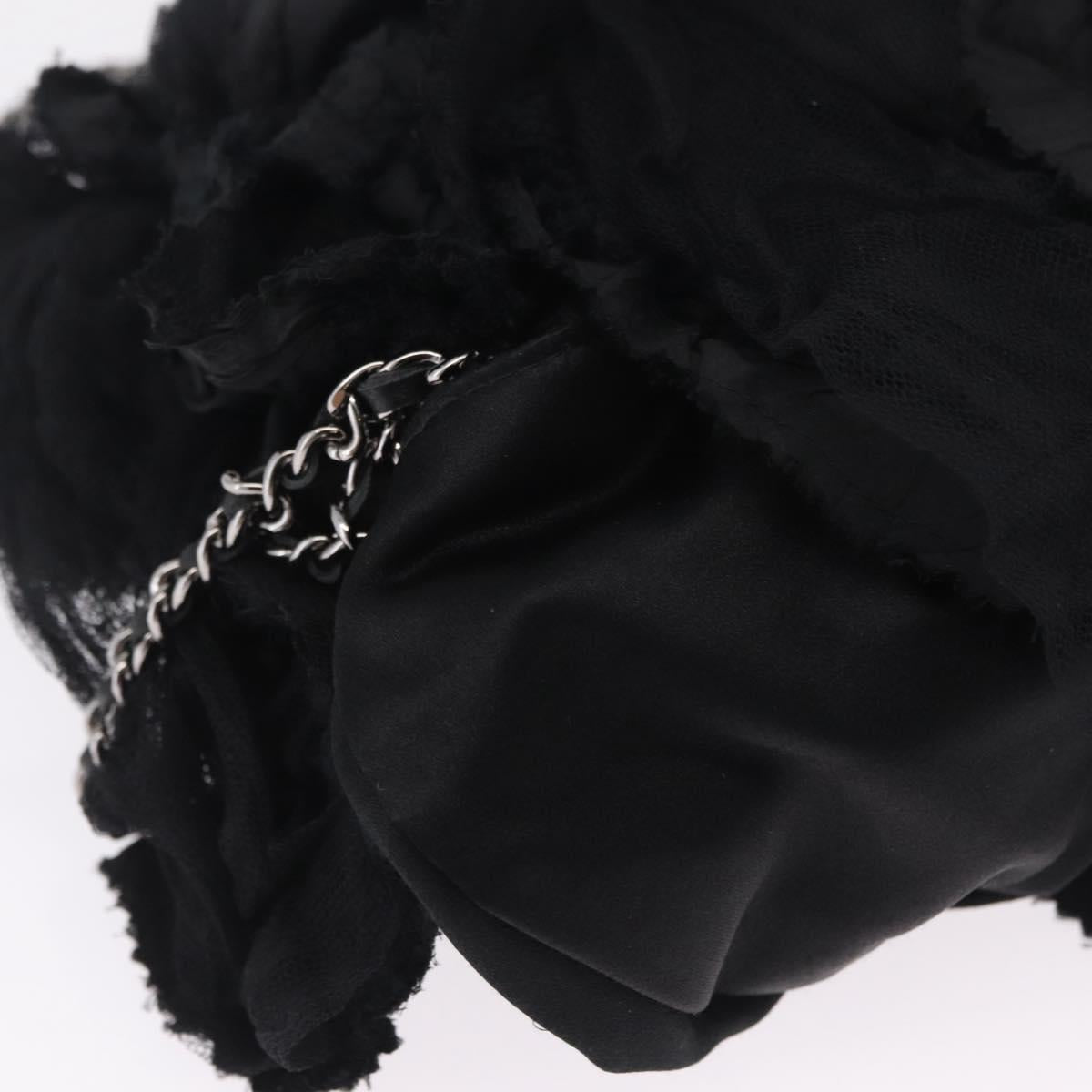 CHANEL Camelia Chain Shoulder Bag Satin Black Silver CC Auth bs37571M