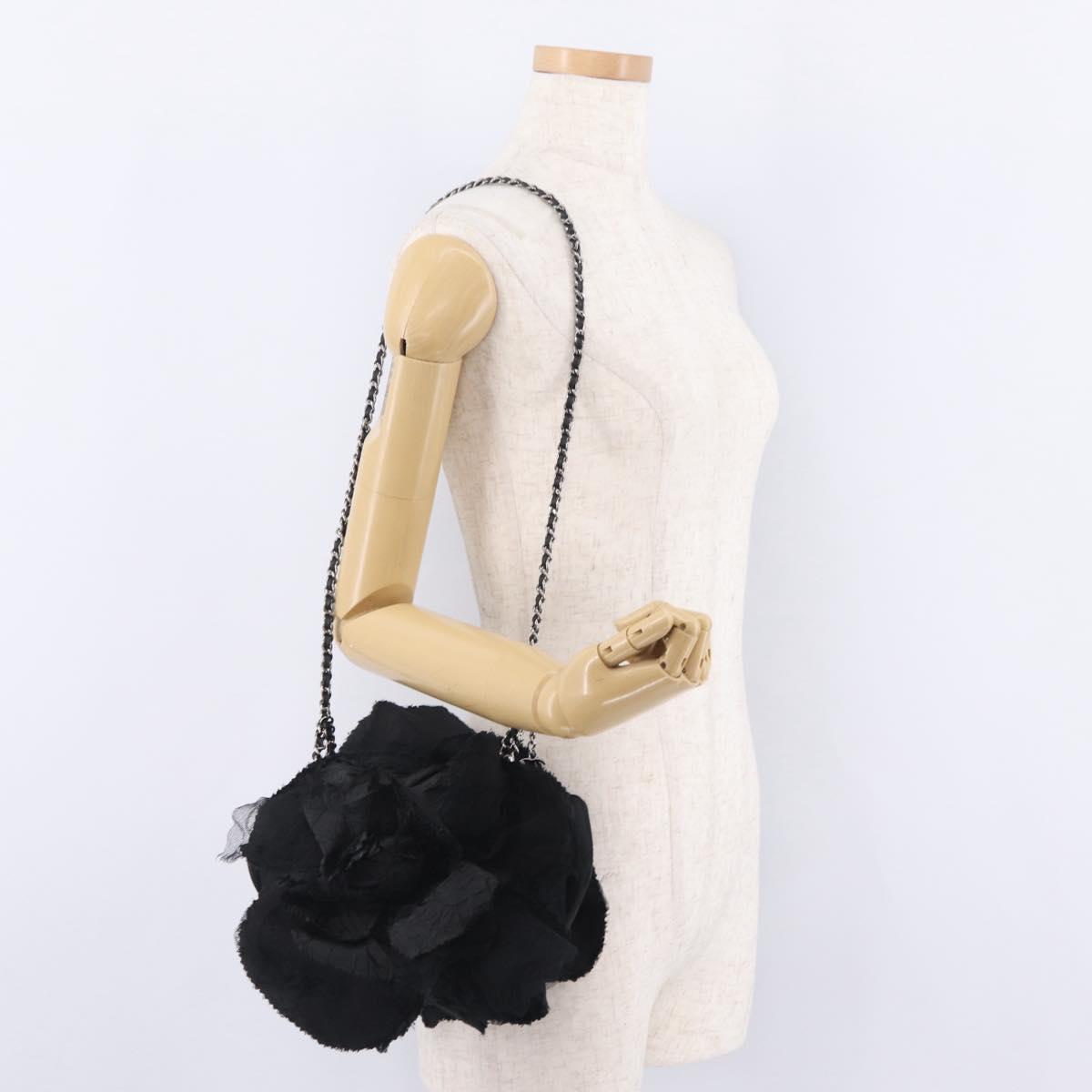 CHANEL Camelia Chain Shoulder Bag Satin Black Silver CC Auth bs37571M