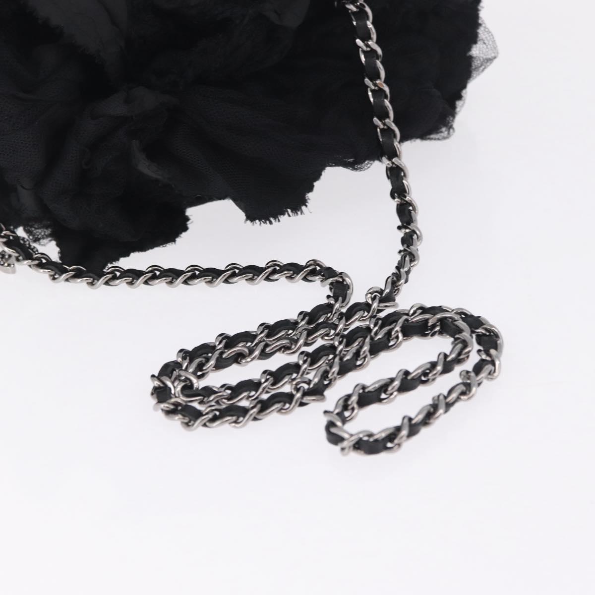 CHANEL Camelia Chain Shoulder Bag Satin Black Silver CC Auth bs37571M