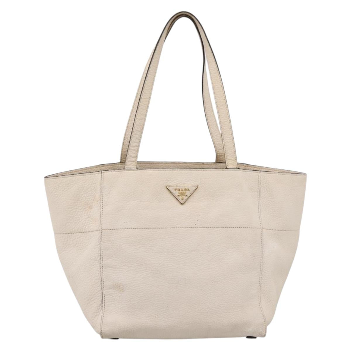 PRADA Tote Bag Leather White Gold Auth bs37576