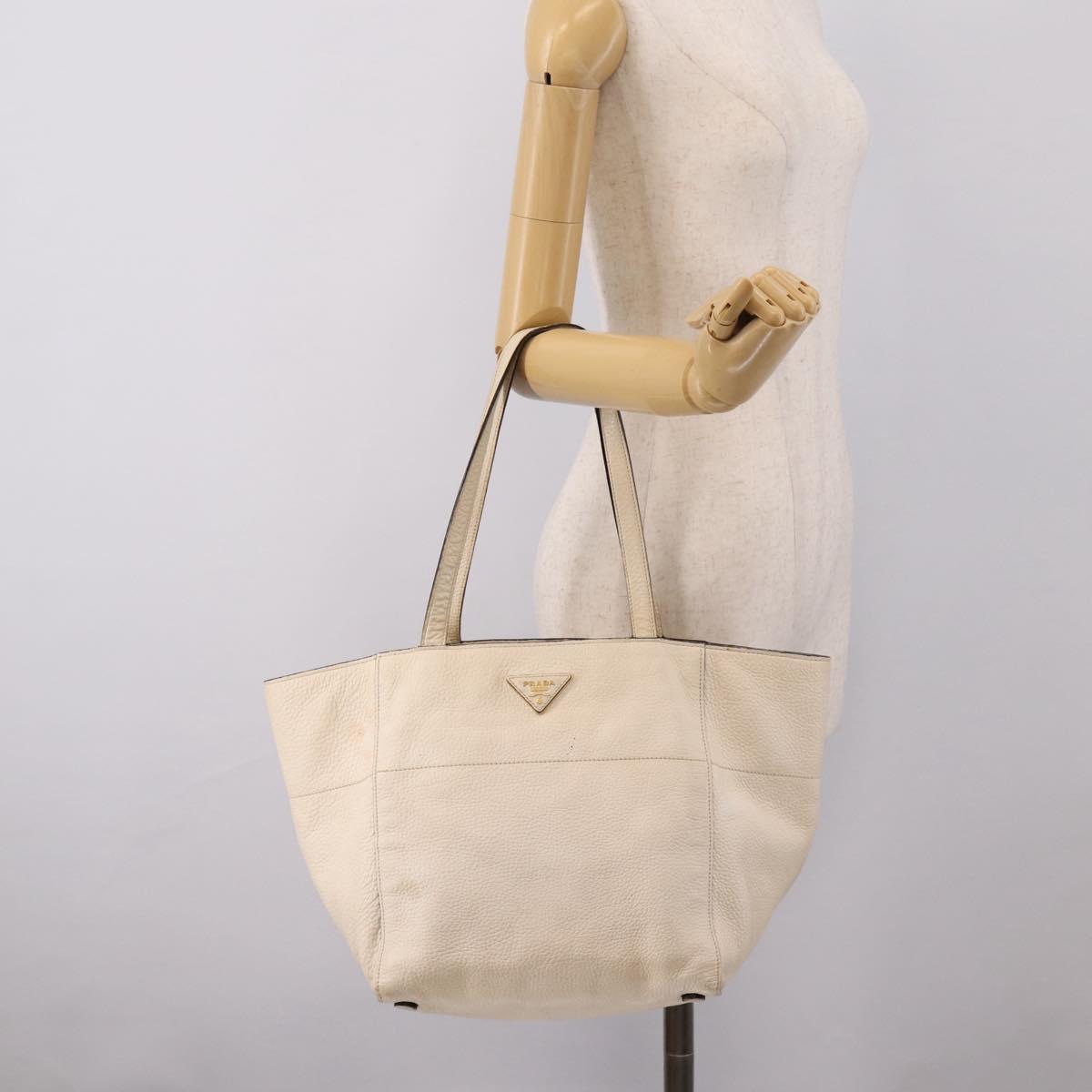 PRADA Tote Bag Leather White Gold Auth bs37576