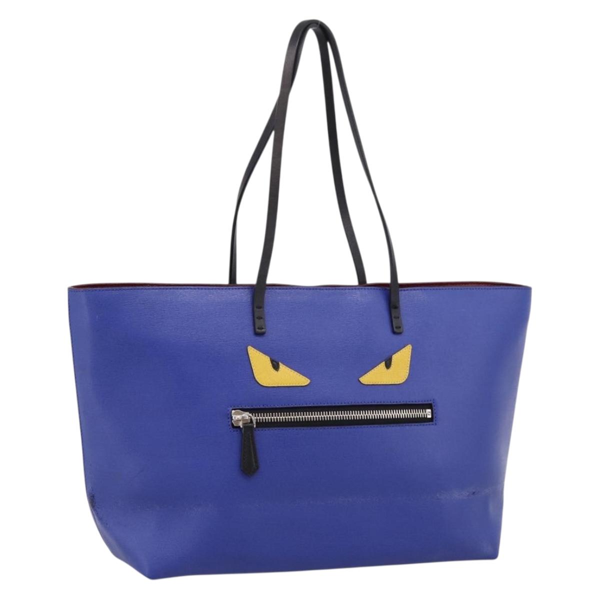 FENDI Monster Tote Bag Leather Blue Silver Auth bs37582