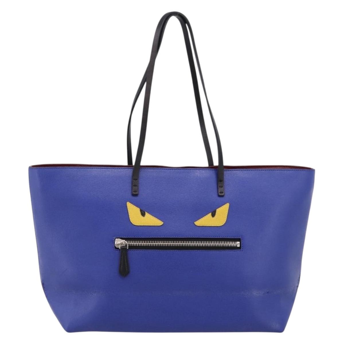 FENDI Monster Tote Bag Leather Blue Silver Auth bs37582
