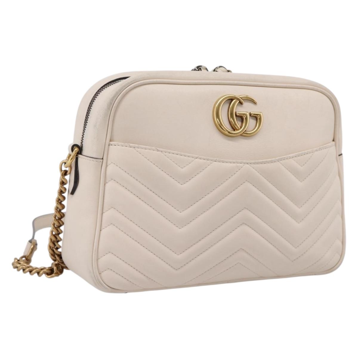 GUCCI GG Marmont Chain Shoulder Bag Leather White Gold 443499 Auth bs37585A