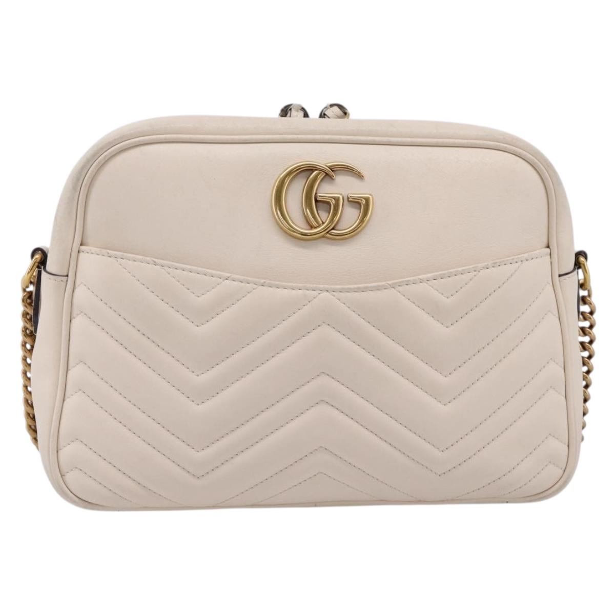 GUCCI GG Marmont Chain Shoulder Bag Leather White Gold 443499 Auth bs37585A
