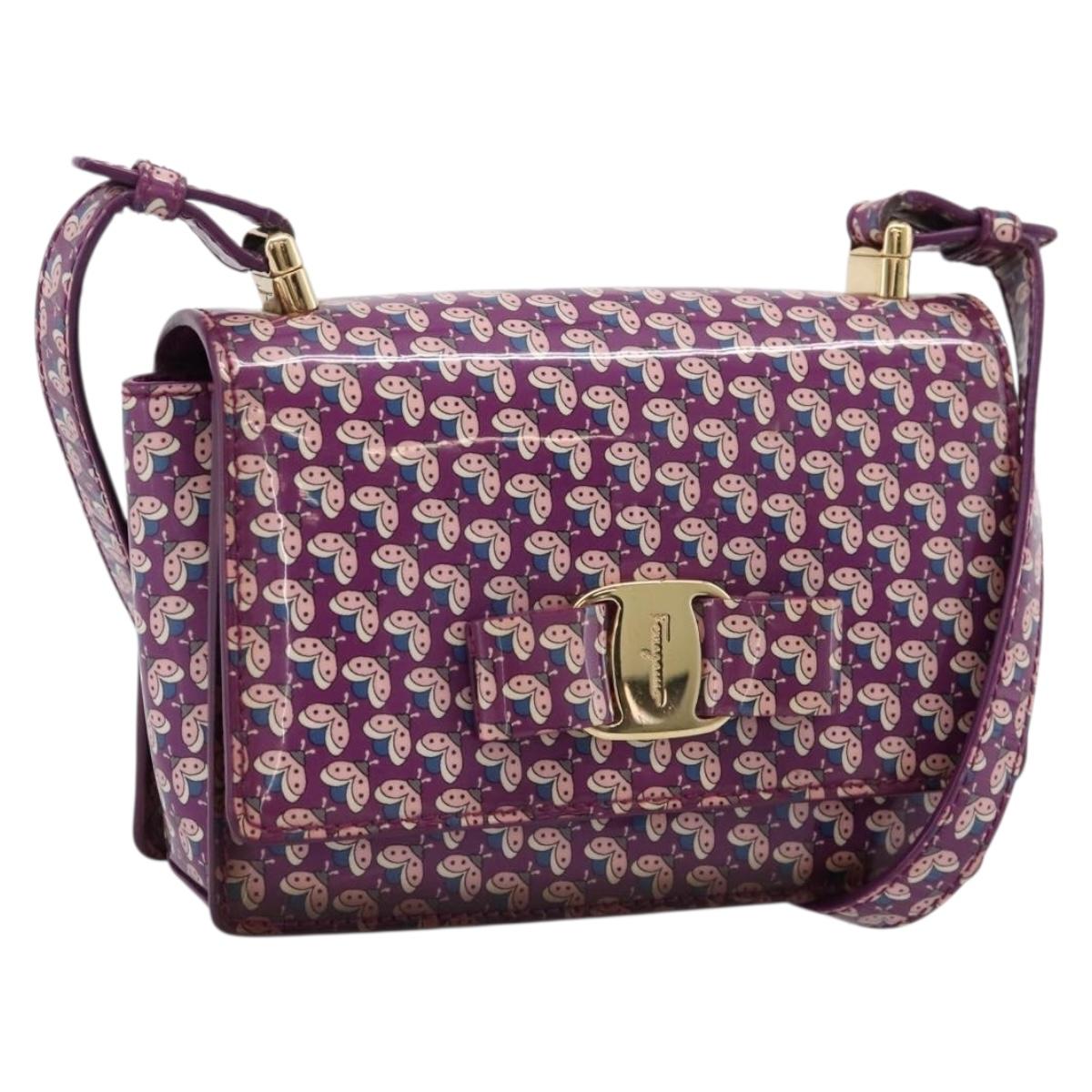 Salvatore Ferragamo Vala Shoulder Bag Patent leather Purple Gold Auth bs37591