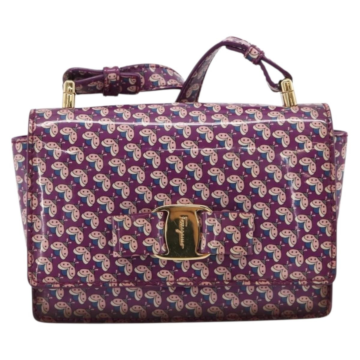 Salvatore Ferragamo Vala Shoulder Bag Patent leather Purple Gold Auth bs37591