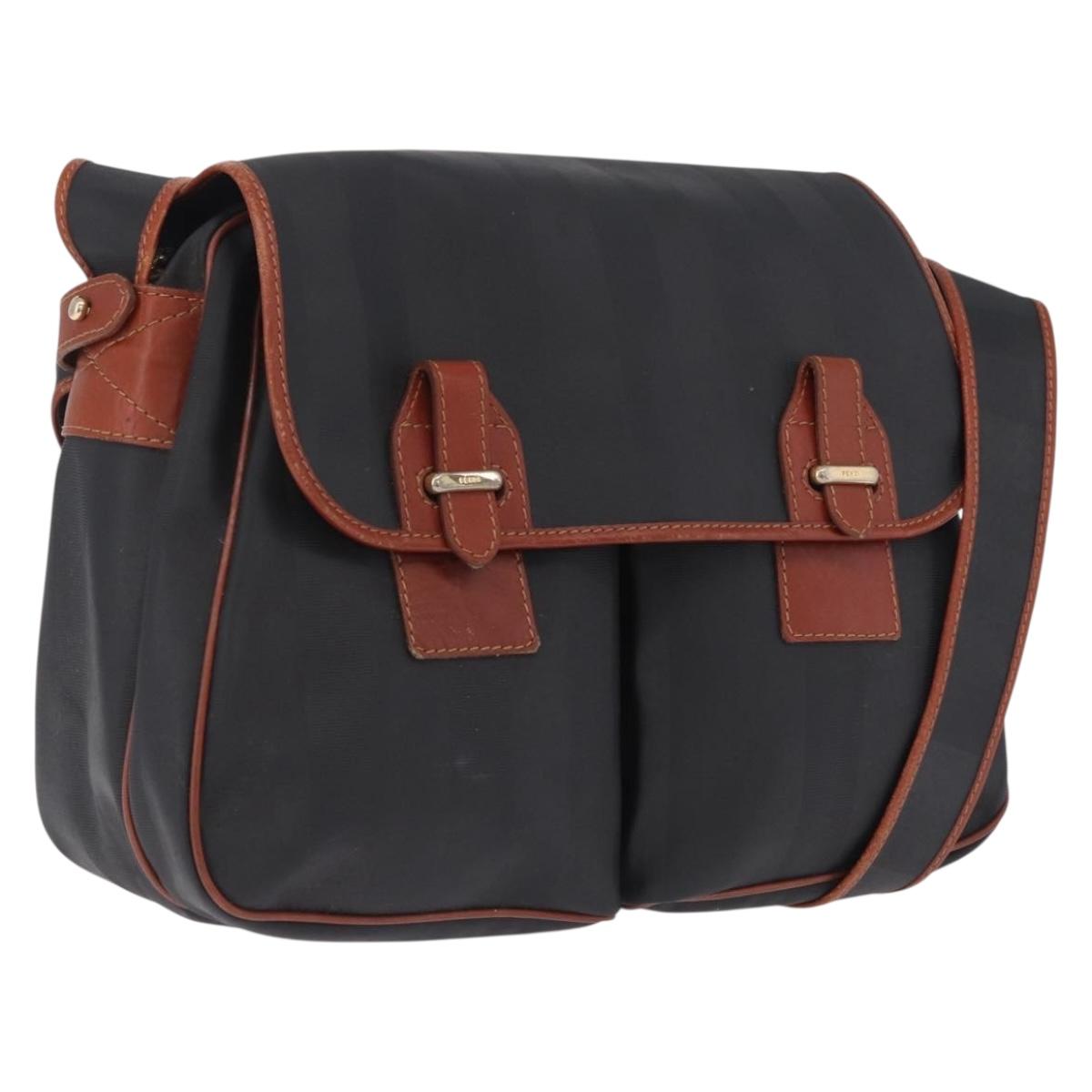FENDI Pecan Canvas Shoulder Bag PVC Black Brown Auth bs37595