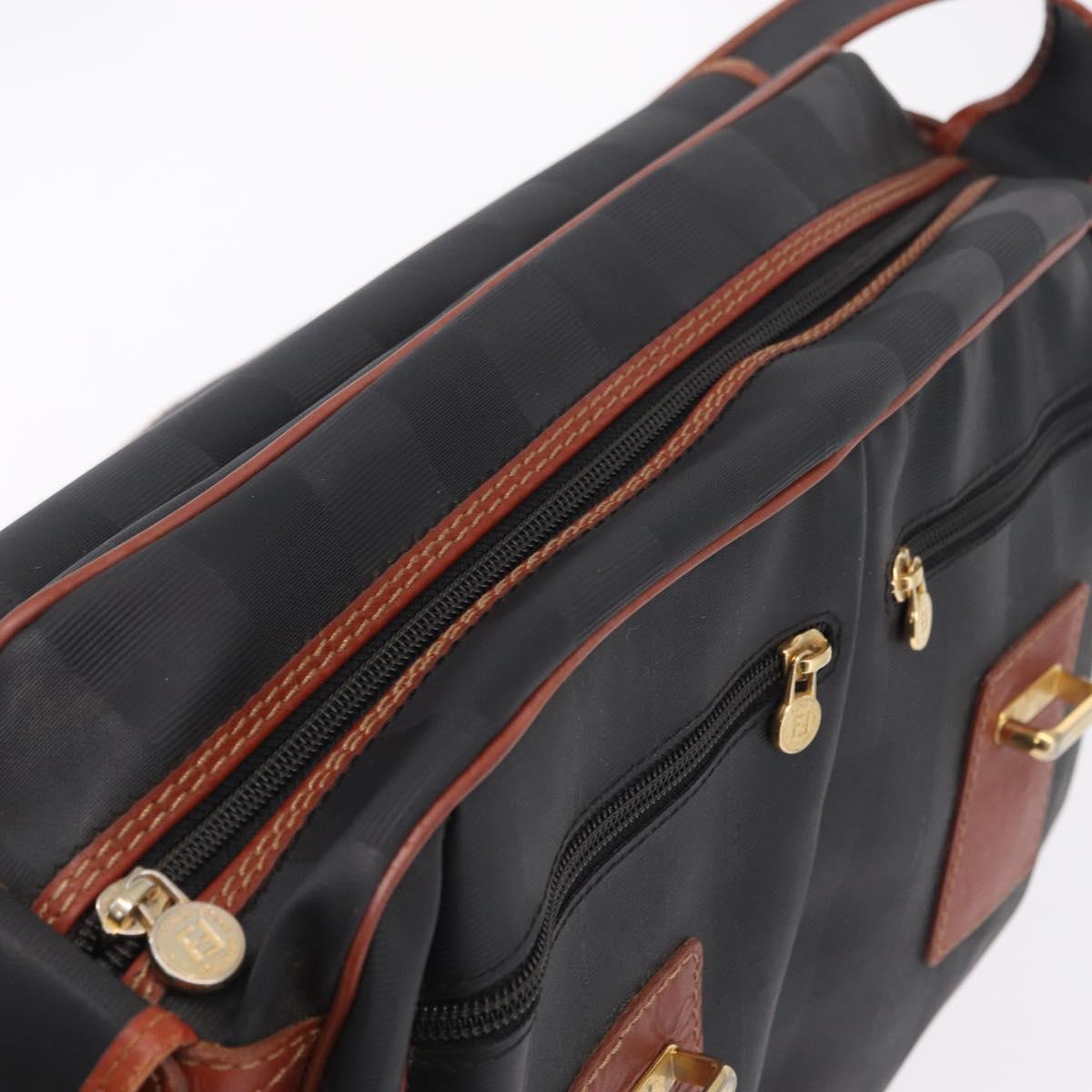 FENDI Pecan Canvas Shoulder Bag PVC Black Brown Auth bs37595
