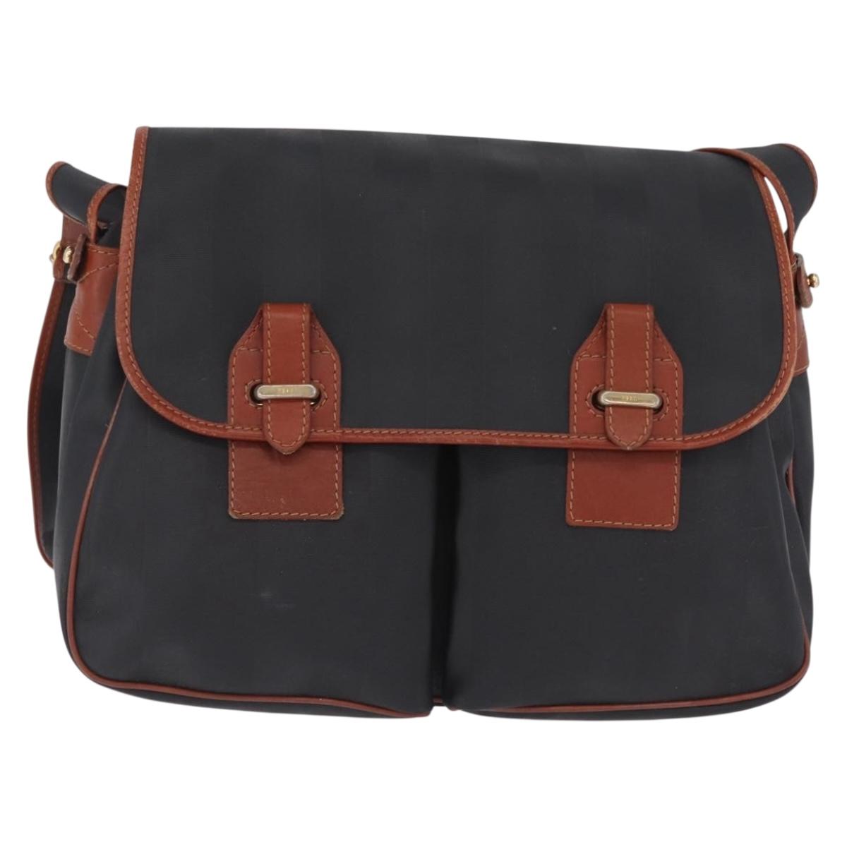 FENDI Pecan Canvas Shoulder Bag PVC Black Brown Auth bs37595