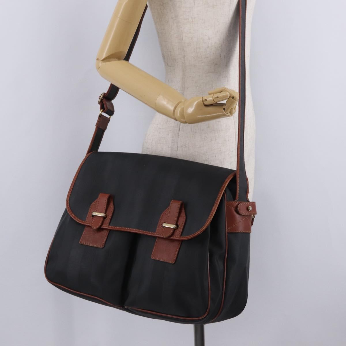 FENDI Pecan Canvas Shoulder Bag PVC Black Brown Auth bs37595