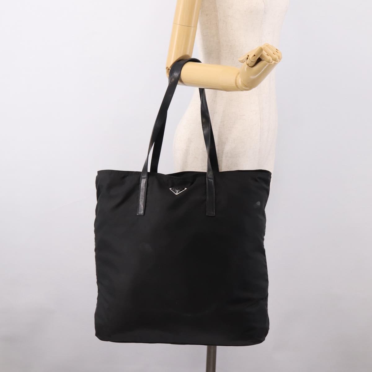 PRADA Tote Bag Nylon Black Silver Auth bs37600