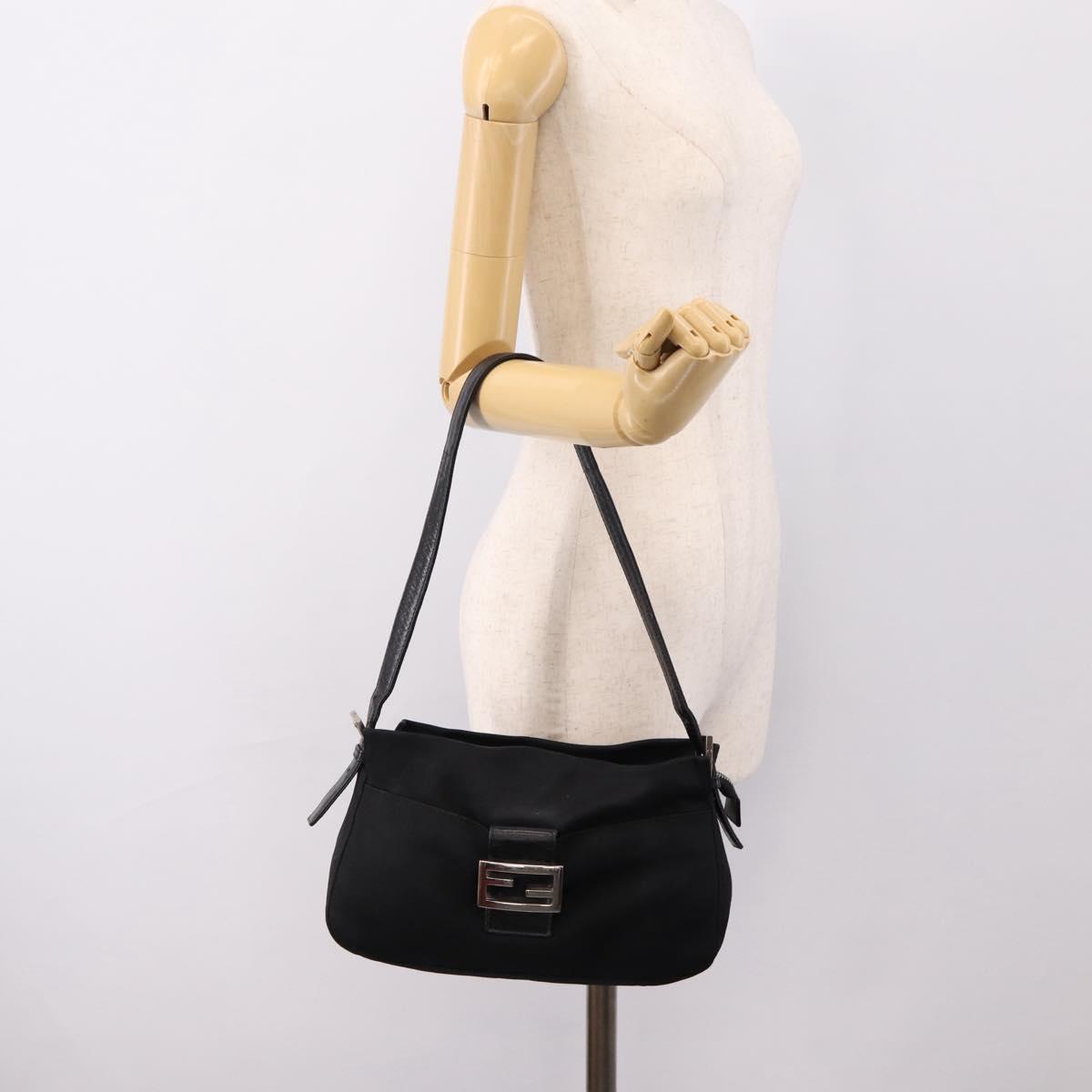 FENDI Mamma Baguette Shoulder Bag Cotton Jersey Black Silver Auth bs37644